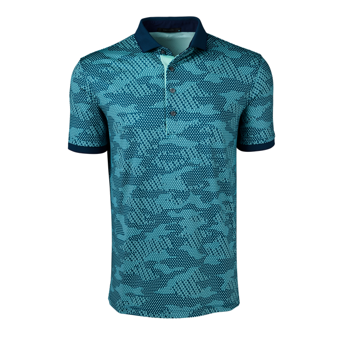 Aegean Icon Camo Short Sleeve Performance Golf Polo, Contrast Collar - Front View | Greyson Clothiers