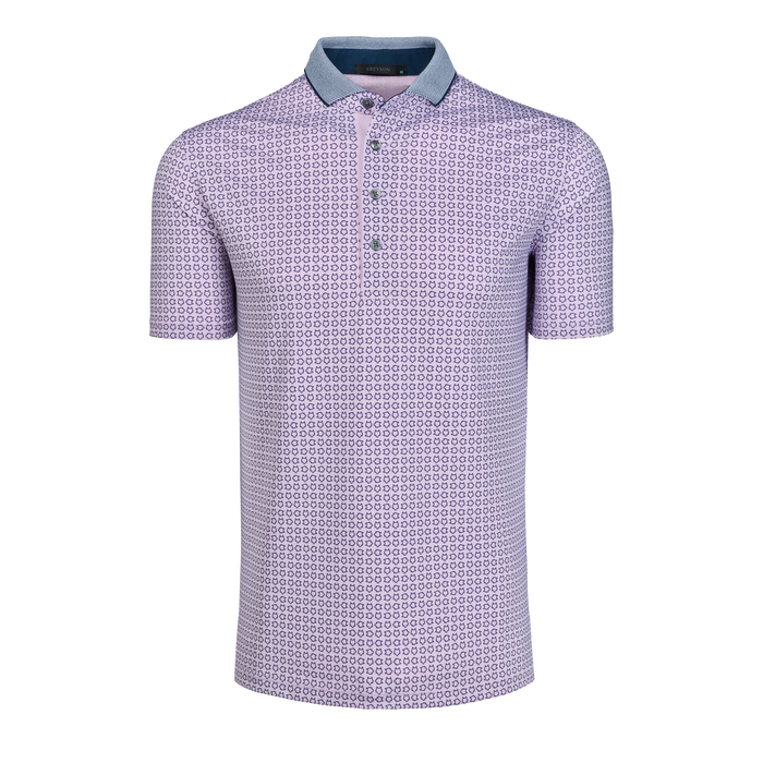 Falcon Icon Edge Men's Printed Performance Golf Polo, Geometric Pattern, Striped Contrast Collar - Front View | Greyson Clothiers