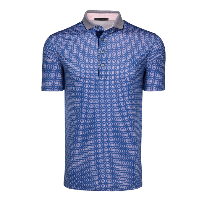 Highland Icon Edge Men's Luxury Golf Polo, Geometric Print, Striped Contrast Collar - Front View | Greyson Clothiers