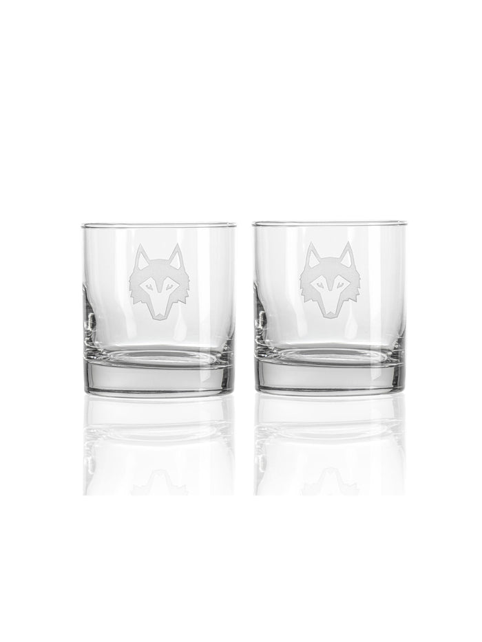 Icon On The Rocks Glass Set, two clear whiskey glasses with etched wolf logo - Front View | Greyson Clothiers