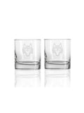 Icon On The Rocks Glass Set, two clear whiskey glasses with etched wolf logo - Front View | Greyson Clothiers