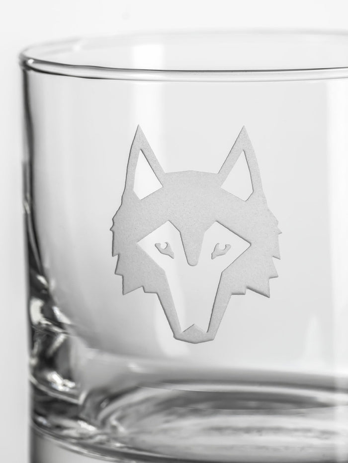 Icon On The Rocks Glass, frosted geometric wolf head etching on clear whiskey glass - Close-Up Detail | Greyson Clothiers