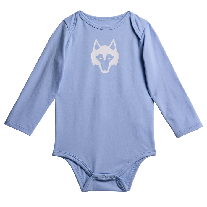 Wolf Blue Pima Cotton Icon Pups Baby Onesie - Front View, Wolf Graphic | Greyson Clothiers