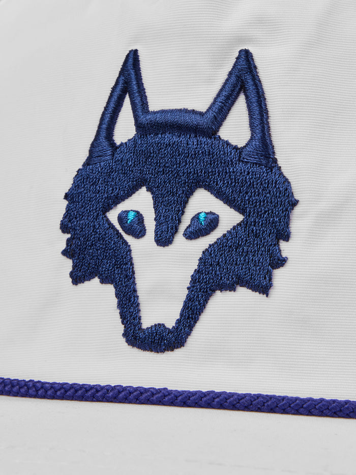 Greyson Icon Rope Hat Arctic - Navy Wolf Embroidery Close-Up, Rope Brim Detail | Greyson Clothiers