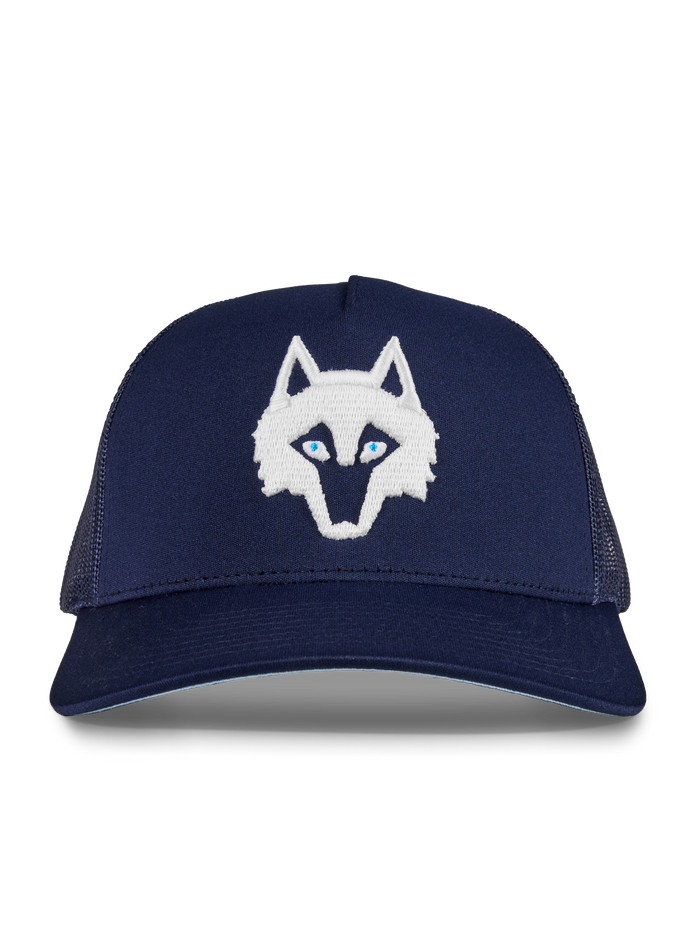 Greyson Icon Trucker Hat Maltese Blue/Arctic - Front View, White Wolf Embroidery on Navy | Greyson Clothiers