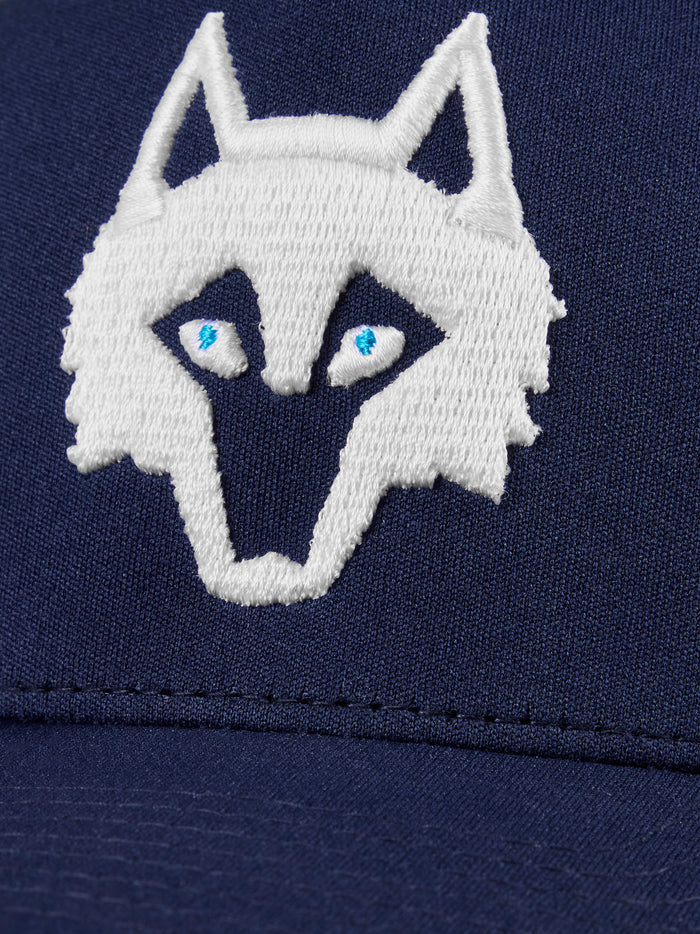 Greyson Icon Trucker Hat Maltese Blue/Arctic - Close-Up White Wolf Embroidery, Blue Eye Detail | Greyson Clothiers