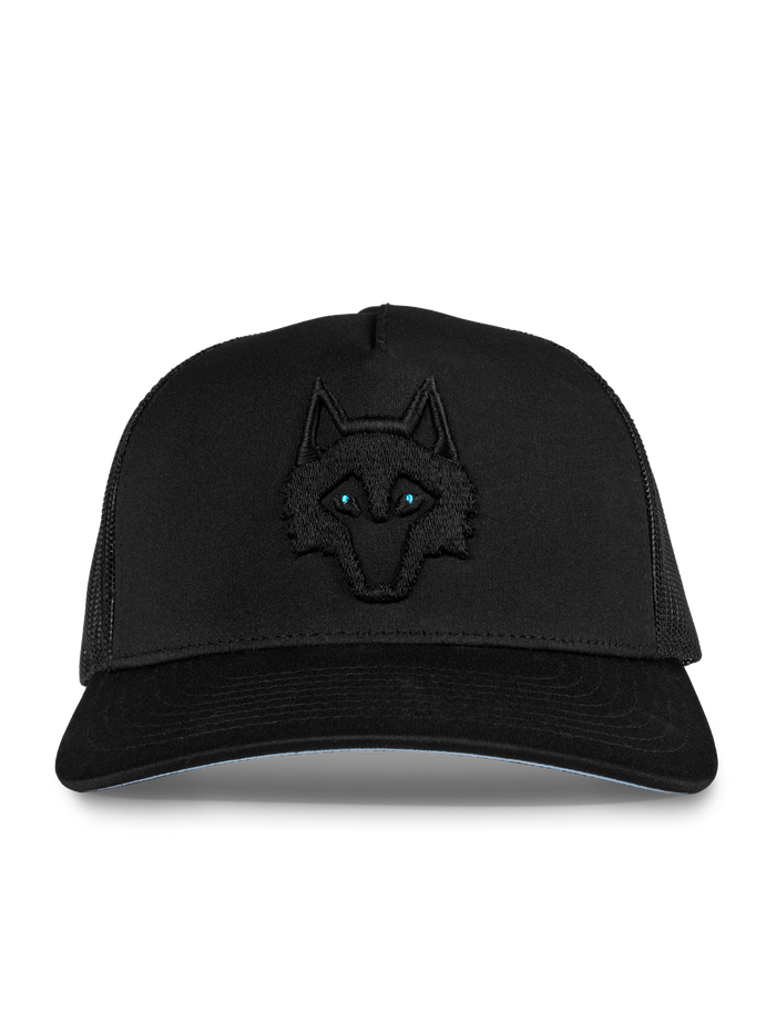 Greyson Icon Trucker Hat Shepherd/Shepherd - Front View, Tonal Black Wolf Embroidery, Blue Eyes | Greyson Clothiers