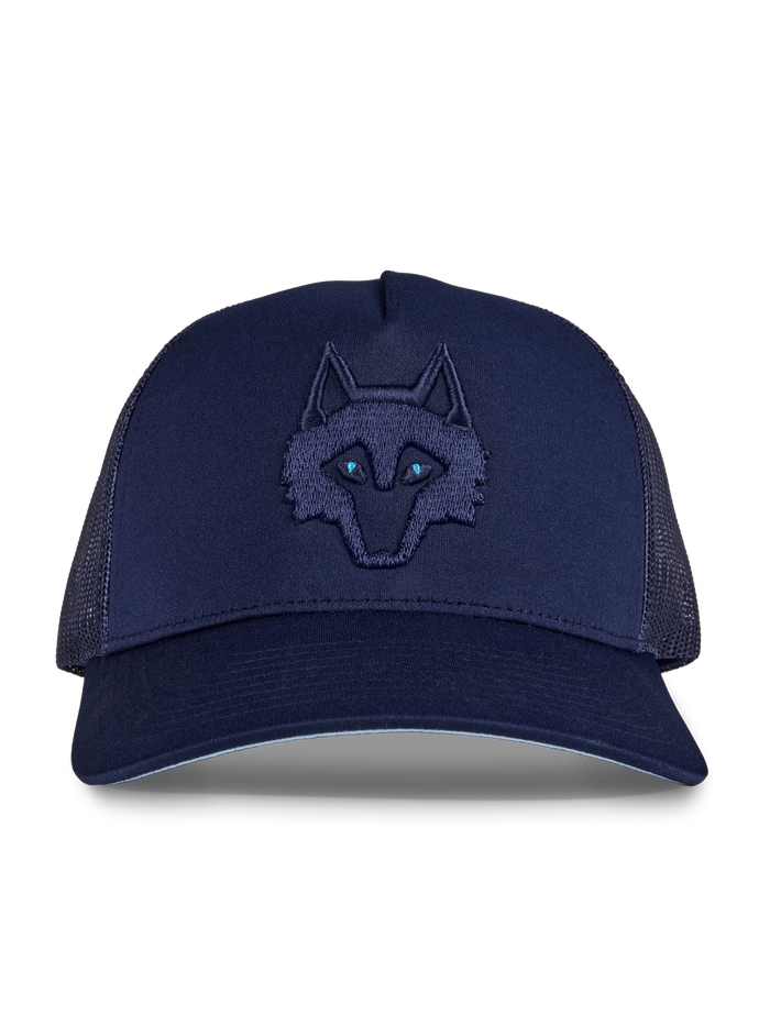 Greyson Icon Trucker Hat Maltese Blue/Maltese Blue - Front View, Tonal Navy Wolf Embroidery | Greyson Clothiers