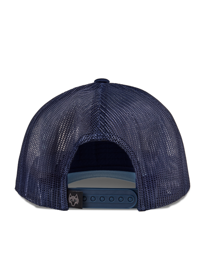 Greyson Icon Trucker Hat Maltese Blue/Maltese Blue - Back View, Tonal Navy Mesh & Wolf Snapback | Greyson Clothiers