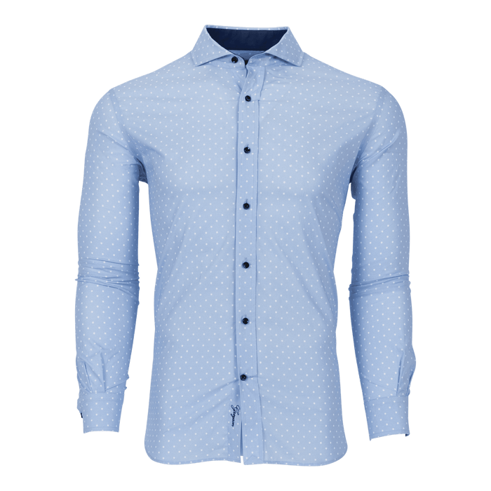 Arctic/Maltese Blue Icon Woodward Shirt - Dot Print Front View, Dark Buttons, Spread Collar | Greyson Clothiers
