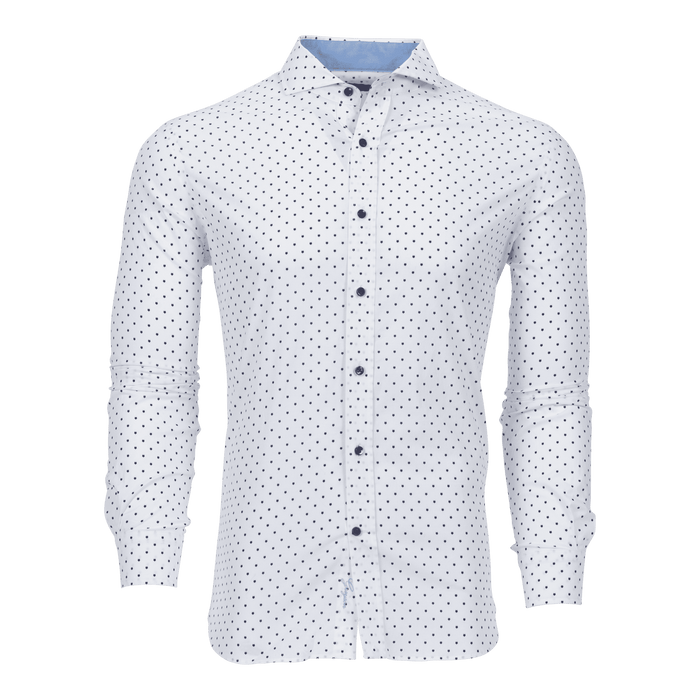 Arctic/Wolf Blue Icon Woodward Shirt - White Dot Print Front View, Dark Button Placket, Slim Fit | Greyson Clothiers