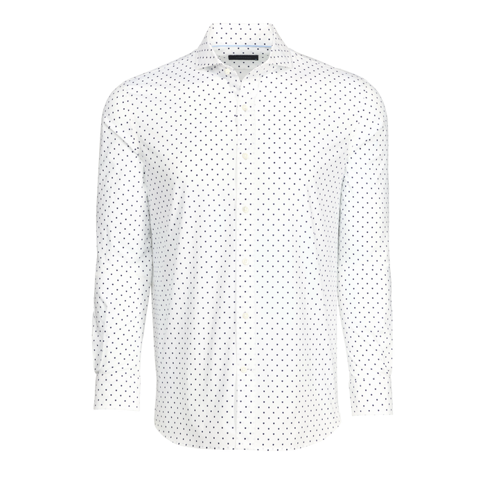 Wolf Blue/Arctic Icon Woodward Cotton Dress Shirt - White Dot Print Flat Lay, Spread Collar | Greyson Clothiers