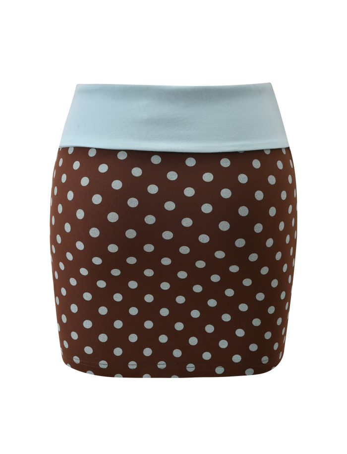The TIGERMIST IMOGEN MINI SKIRT in brown and blue polka dot features a light blue waistband and playful spots, shown on a plain white background.