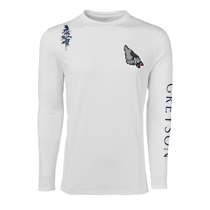 Arctic In Spirit Guide Sport Long Sleeve Tee - Front View, Howling Wolf & Pine Tree Graphic, Greyson Sleeve Wordmark | Greyson Clothiers