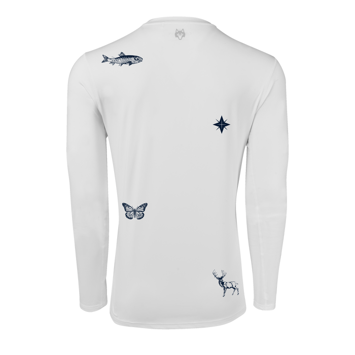 Arctic In Spirit Guide Sport Long Sleeve Tee - Back View, Fish Butterfly Stag & Star Graphics, Wolf Logo at Collar | Greyson Clothiers