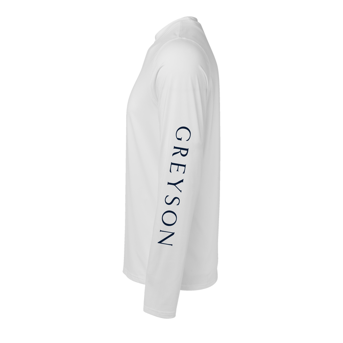 Arctic In Spirit Guide Sport Long Sleeve Tee - Right Side View, Greyson Sleeve Wordmark, Performance Fabric | Greyson Clothiers
