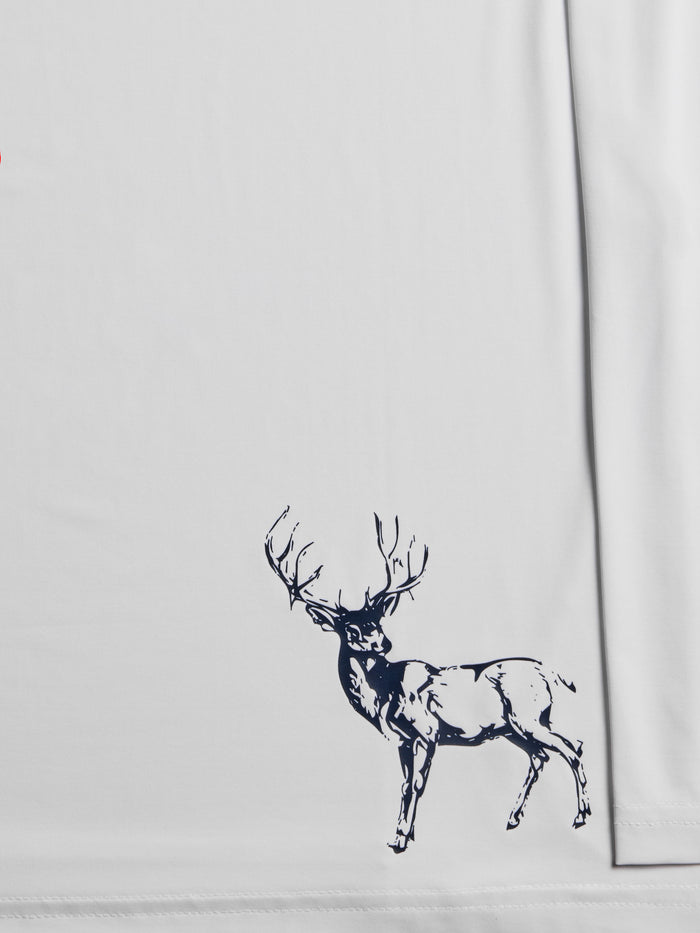 In Spirit Guide Sport Long Sleeve Tee - Hem Detail, Navy Stag Graphic on Arctic Performance Fabric | Greyson Clothiers