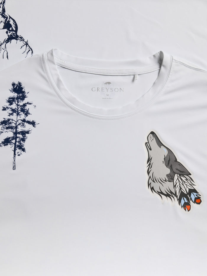 In Spirit Guide Sport Long Sleeve Tee - Chest & Collar Detail, Howling Wolf Feather Graphic, Pine Tree, Interior Label | Greyson Clothiers