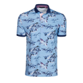 Blue Toile Landscape Print Short Sleeve Golf Polo - Front View, Contrast Navy Collar & Cuffs | Greyson Clothiers