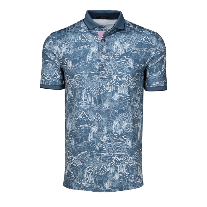 Vintage Indigo In the Valley Short Sleeve Polo - Wolf & Mountain Print Front View | Greyson Clothiers