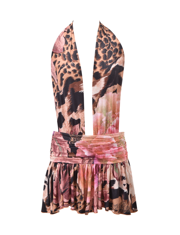 The TIGERMIST INDI HALTER SCARF DRESS - ANIMALIER FLORAL features a sleeveless halter design, deep V neckline, ruffled skirt, and wide ruched waistband in a brown, pink, and black animal floral print.