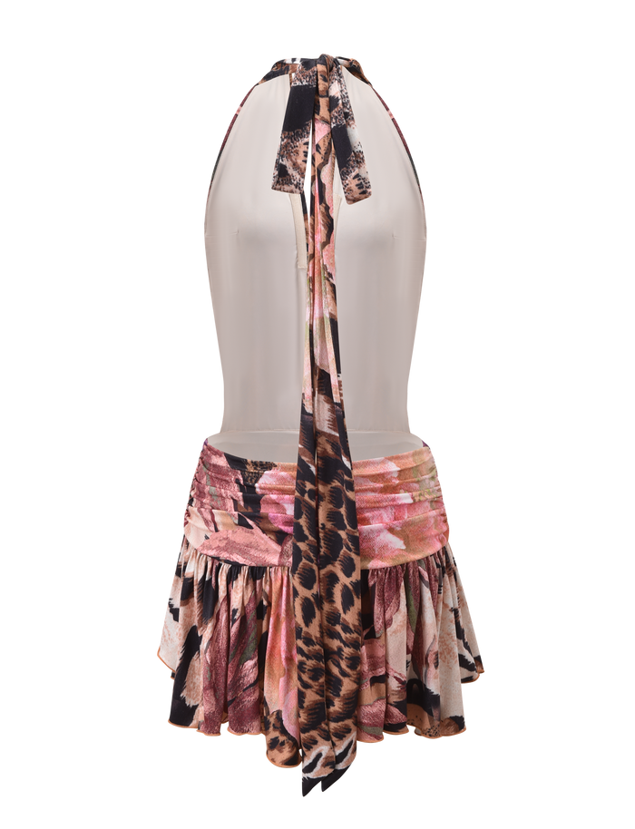 A mannequin showcases TIGERMIST's INDI HALTER SCARF DRESS - ANIMALIER FLORAL, a sleeveless mini dress with halter neck ties, a floral animal print in brown, pink, and black, a flared skirt, and a long back neck tie.