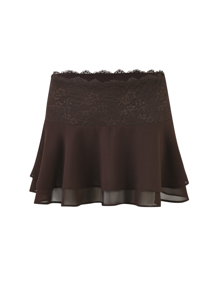 The TIGERMIST INDIGO MINI SKIRT - BROWN: CHOCOLATE is a dark brown chiffon mini skirt with a tiered, flowy, sheer design and a wide lace waistband, shown against a plain white background.