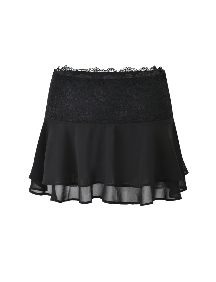 The INDIGO SKIRT - BLACK by TIGERMIST is a black chiffon mini skirt with a wide lace waistband and a double-layered, sheer, ruffled hem.