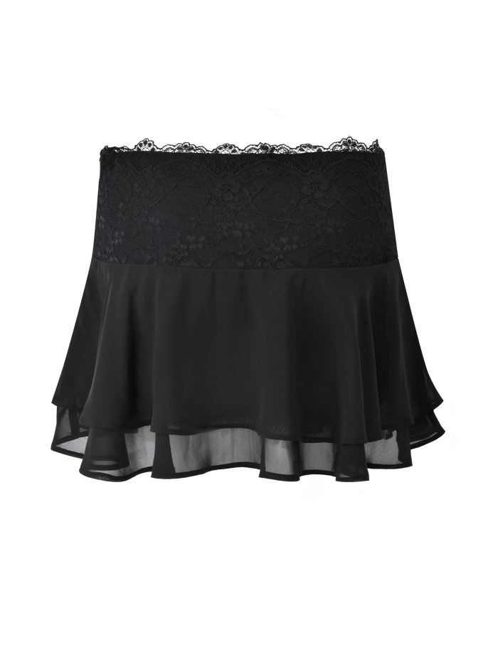 The INDIGO SKIRT - BLACK by TIGERMIST is a black chiffon mini skirt with a wide lace waistband and a flowy, layered hem, showcased against a plain background.