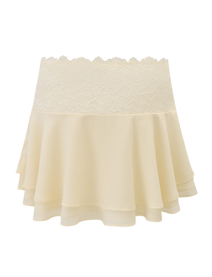 The TIGERMIST INDIGO SKIRT in ivory features a lace-patterned waistband and a flowing, tiered hem, shown on a white background.
