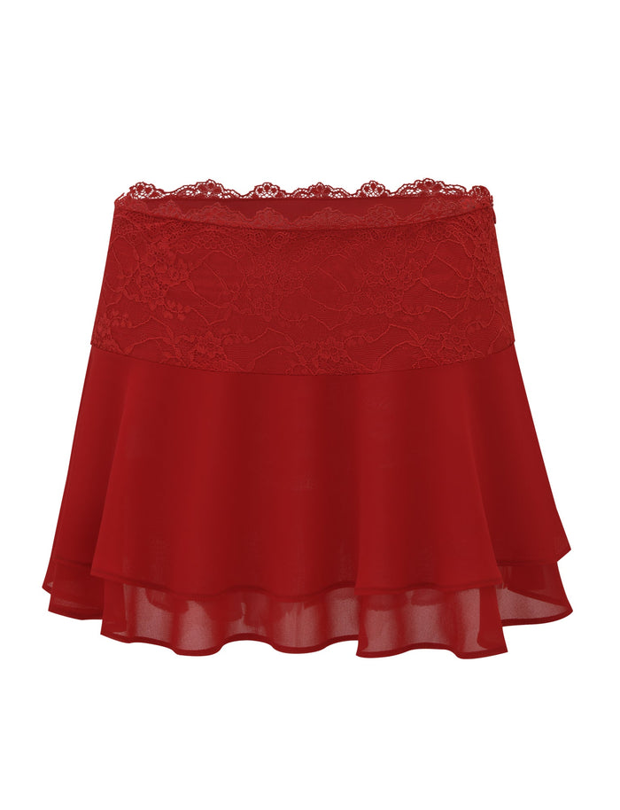The INDIGO SKIRT - RED by TIGERMIST is a red chiffon mini skirt with a lace waistband, sheer flowy tiers, a flared silhouette, and scalloped lace trim for added charm.