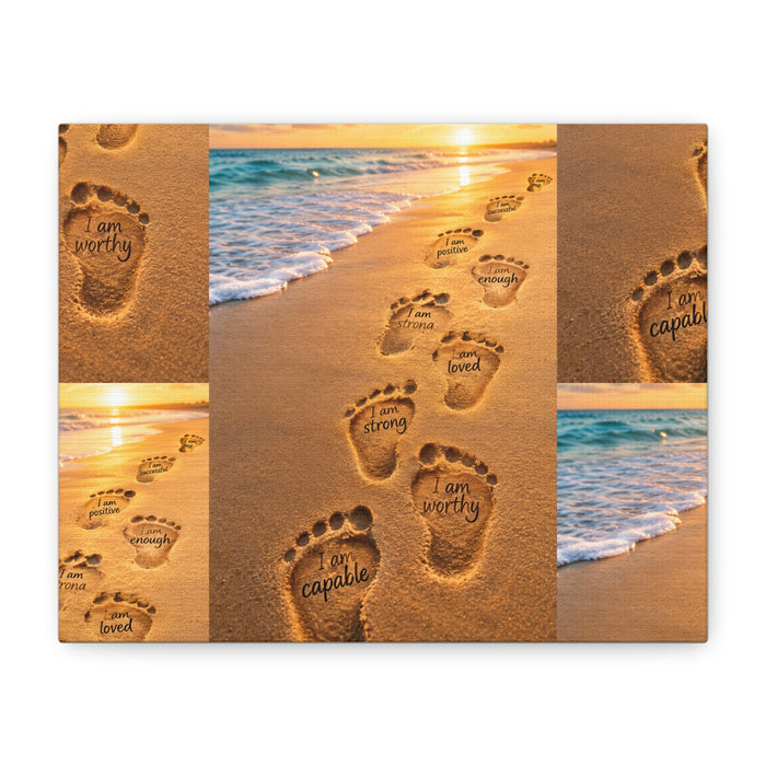 Inspirational Beach Footprints Canvas — "I Am Worthy / Capable" Wall Art