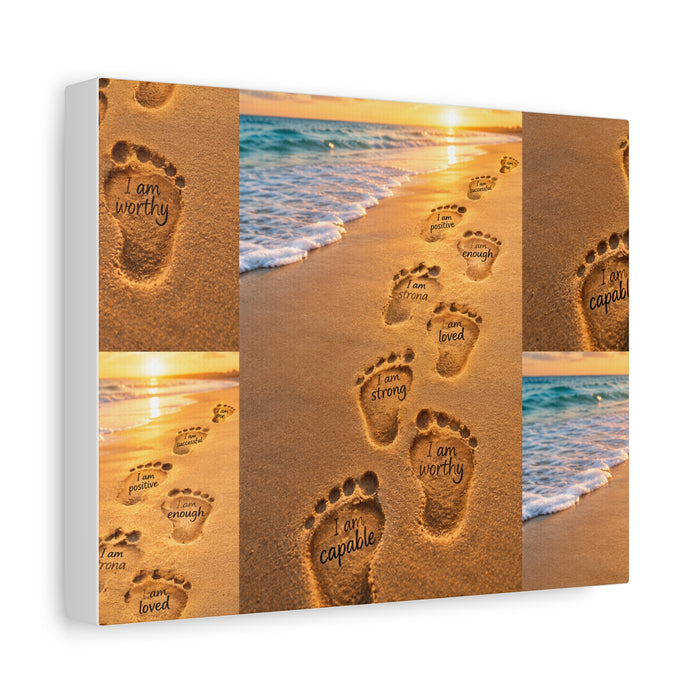 Inspirational Beach Footprints Canvas — "I Am Worthy / Capable" Wall Art
