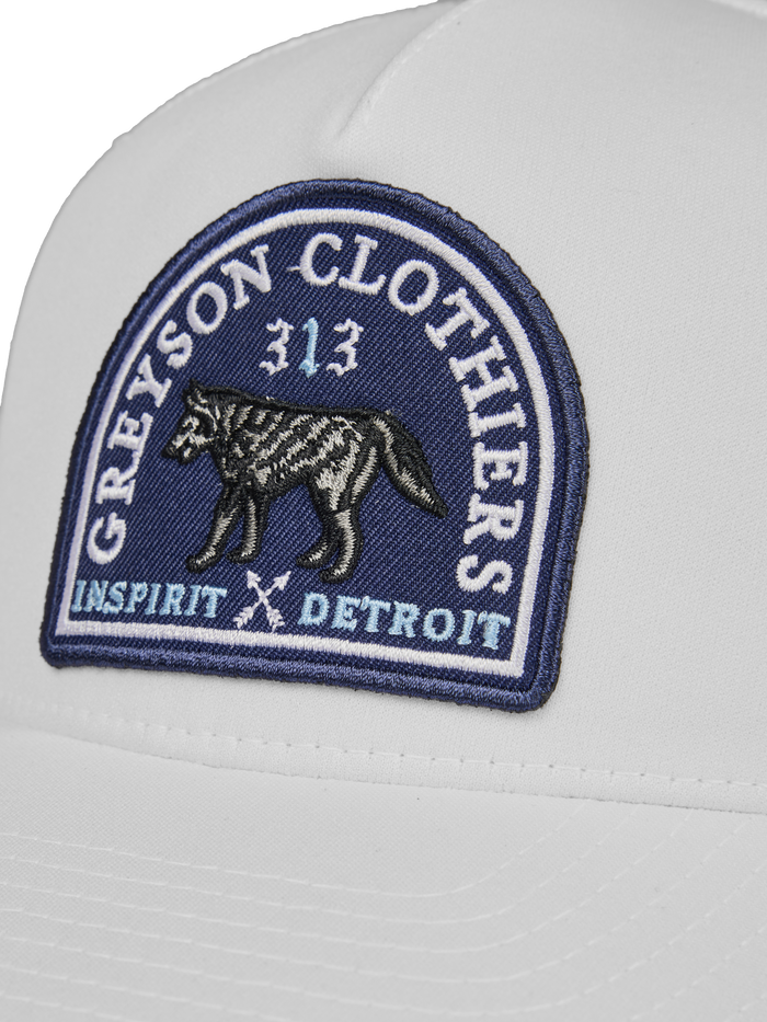 Arctic White Inspirit Wolf Trucker Hat - Embroidered Patch Detail | Greyson Clothiers