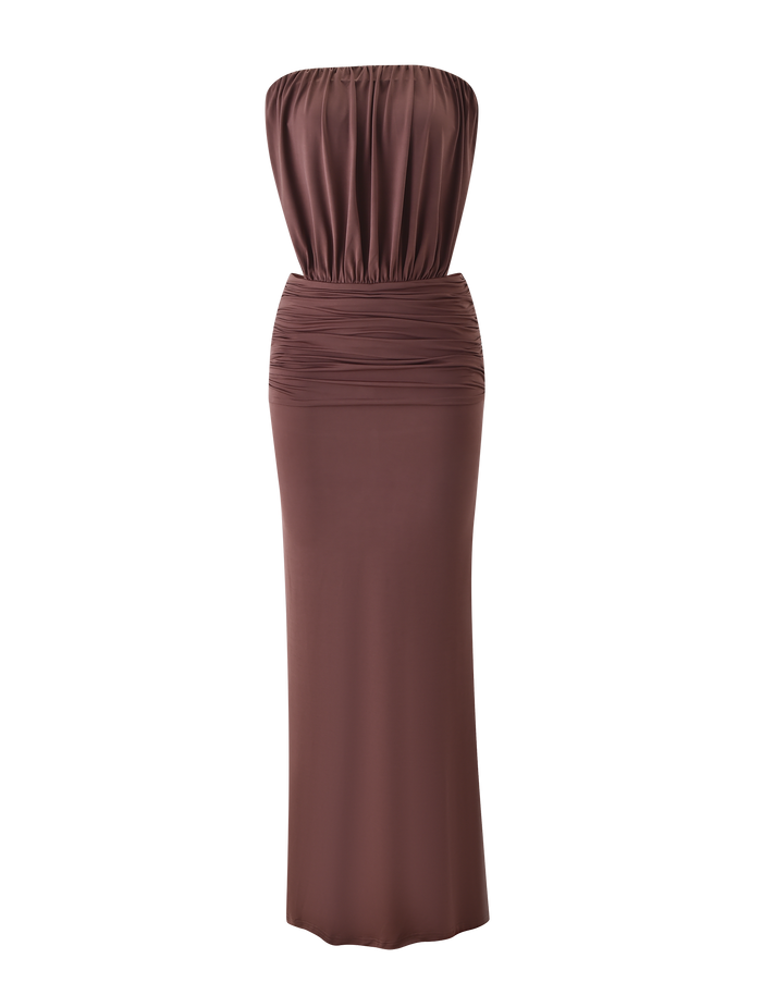 The IOLLA STRAPLESS MAXI DRESS by TIGERMIST features a mocha hue, blouson-style bodice with ruching, and a fitted skirt that hugs the hips and flows gracefully for a Grecian-inspired maxi dress look.