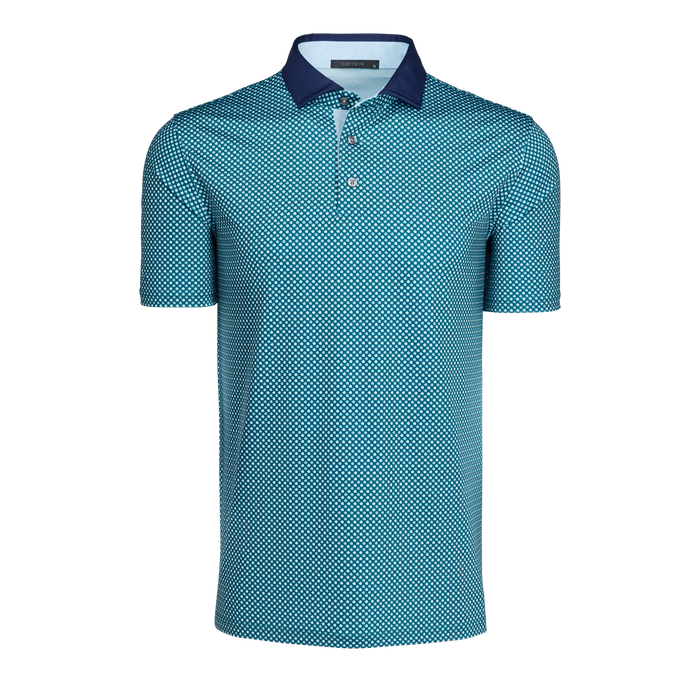 Grove Ironwood Short Sleeve Polo - Teal Tonal Print, Navy Contrast Collar, Front View | Greyson Clothiers