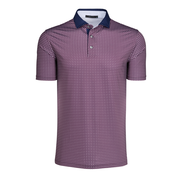 Zion Ironwood Short Sleeve Polo - Berry Tonal Dot Print, Navy Contrast Collar, Front View | Greyson Clothiers