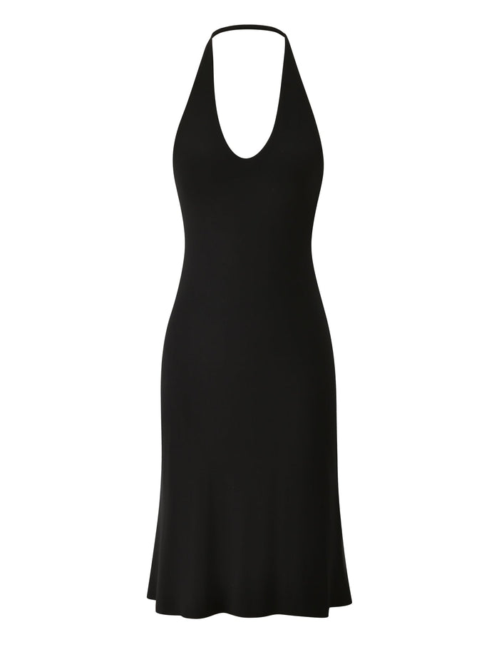 The ISABELLE MIDI DRESS - BLACK by TIGERMIST features a sleeveless halter design with a scoop neckline, flared hem, and open back, displayed against a white background—making it a true holiday wardrobe essential.