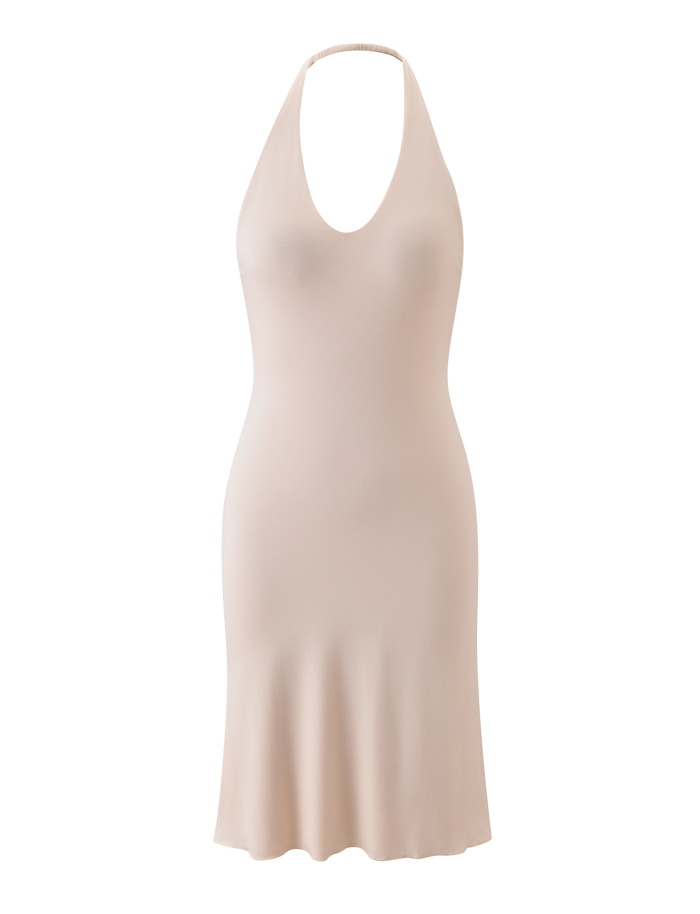The TIGERMIST ISABELLE MIDI DRESS in cream is a sleeveless halter neck dress with a scoop neckline and fitted silhouette, shown on a white background, capturing Emily Venz’s chic style.
