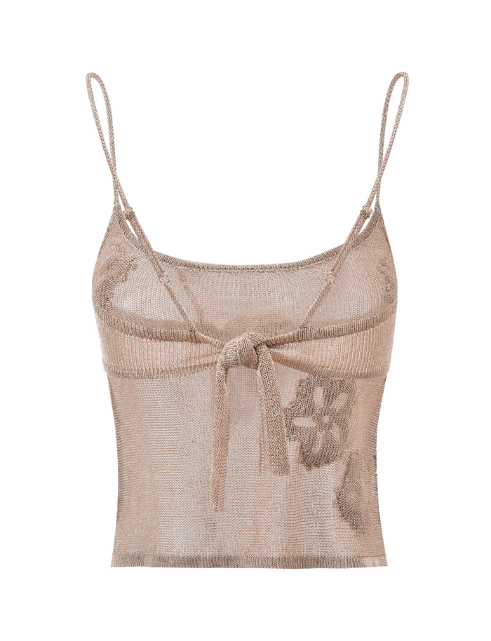 The ISATANA TOP - GOLD by TIGERMIST is a sleeveless, sheer beige knit crop top with adjustable straps and a front center tie, shown on a plain white background.