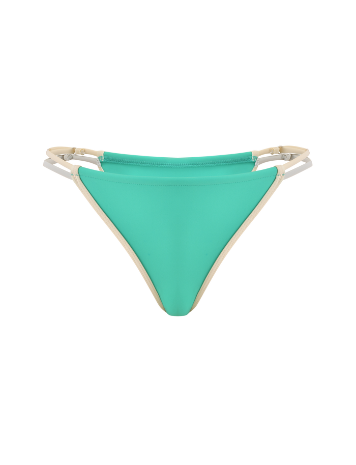The TIGERMIST JACE BIKINI BOTTOM in Kelly Green features high-cut sides, beige double straps on each hip, and a cheeky fit, showcased against a plain white background.