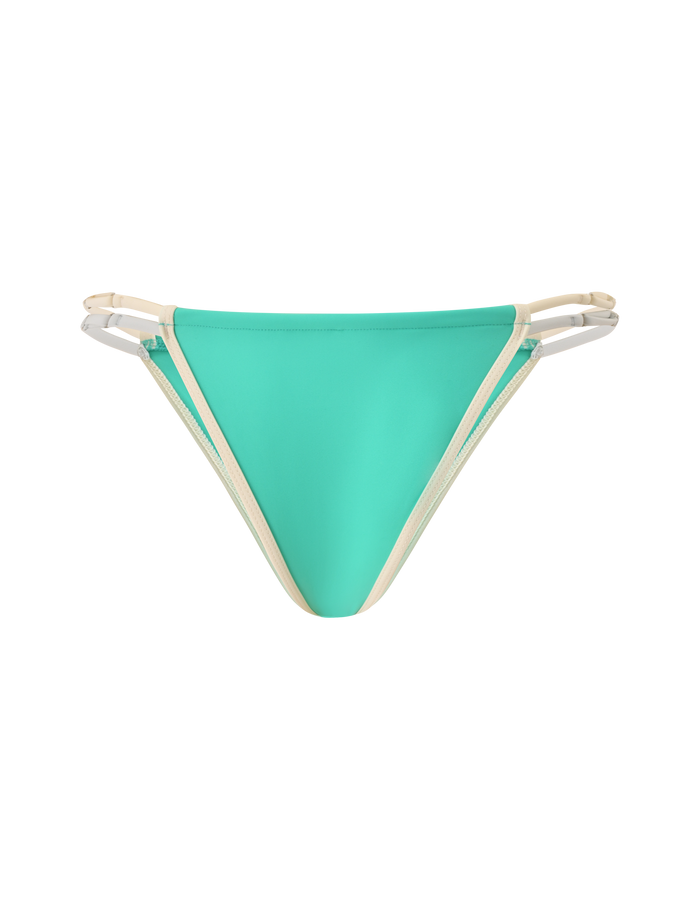 The TIGERMIST JACE BIKINI BOTTOM in Kelly Green features cheeky coverage and double beige adjustable side straps, shown against a plain white background.
