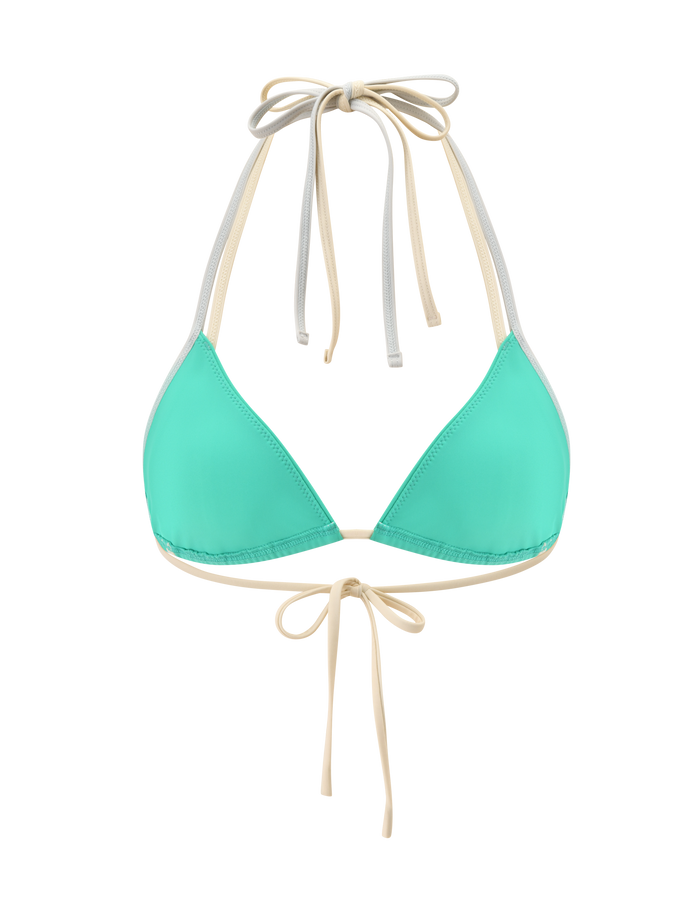 The TIGERMIST JACE BIKINI TOP in Kelly Green is a triangle style with light beige adjustable halter ties at the neck and back for a custom fit, displayed against a white background.