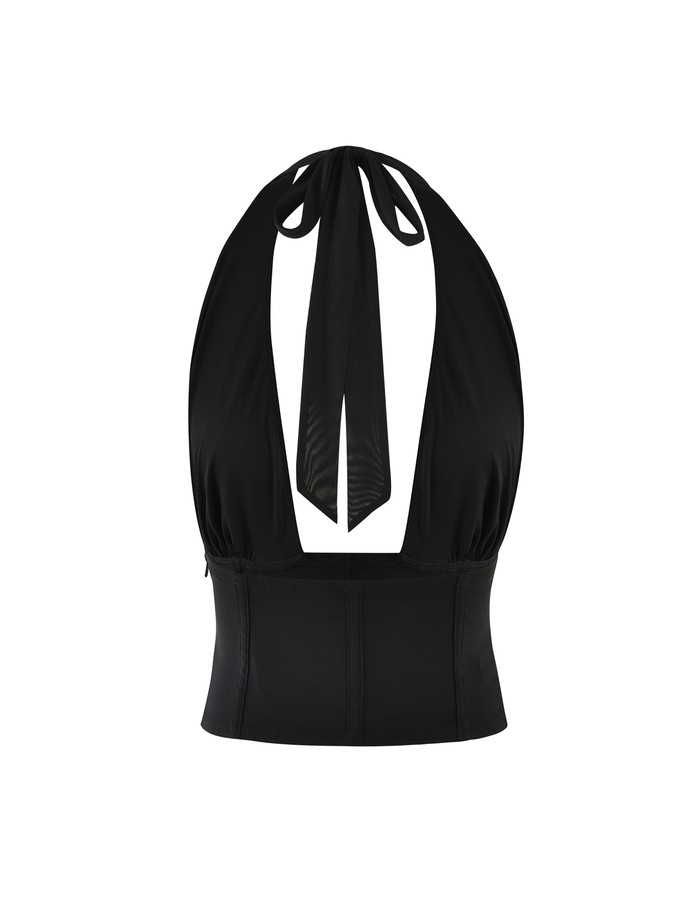 The JANECE TOP - BLACK by TIGERMIST is a black corset top with a halter neckline, deep V cut, and neck tie, shown against a plain white background.