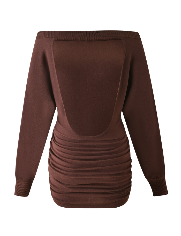 The JANINE MINI DRESS - CHOCOLATE by TIGERMIST is a brown, long-sleeve, off-shoulder mini dress with ribbed cuffs, an open back, and ruched detailing for a flattering silhouette.