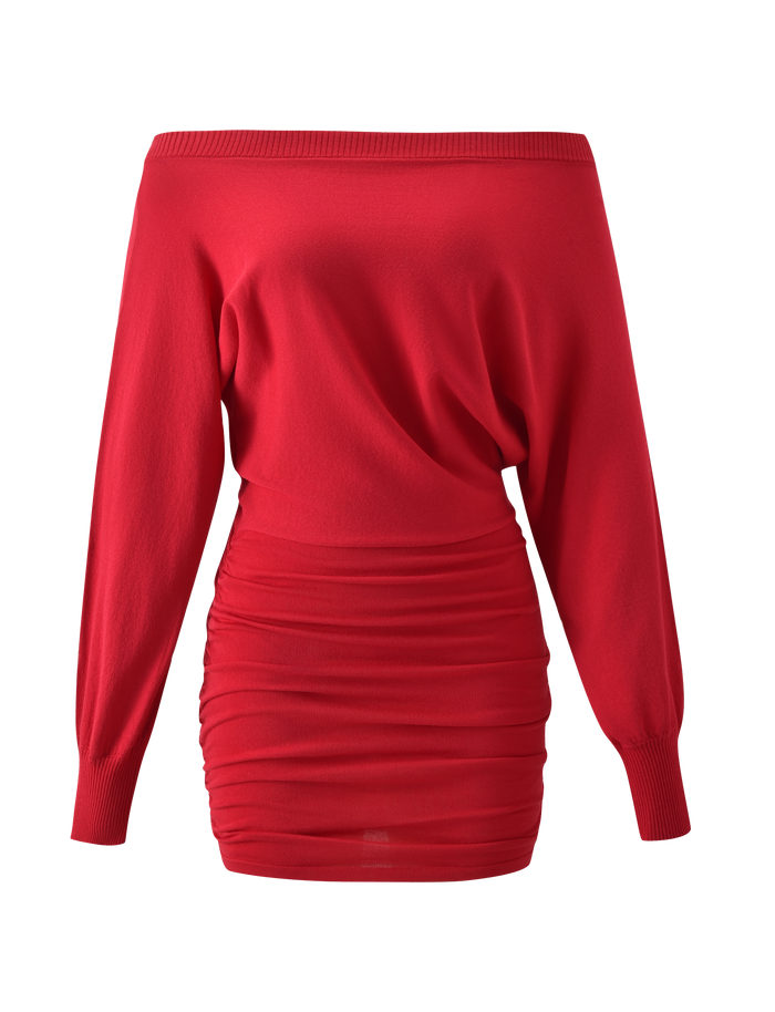 The TIGERMIST JANINE MINI DRESS - RED is a bright red off-shoulder mini featuring a ribbed neckline, fitted waist, and ruched skirt detailing, shown against a plain white background.