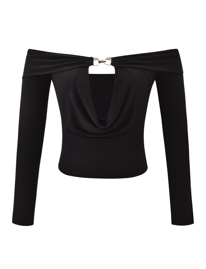 The JENESIS LONG SLEEVE TOP by TIGERMIST is a black, off-the-shoulder, slinky jersey top with long sleeves, a draped front, and a metallic ring at the neckline for a chic, fitted look.