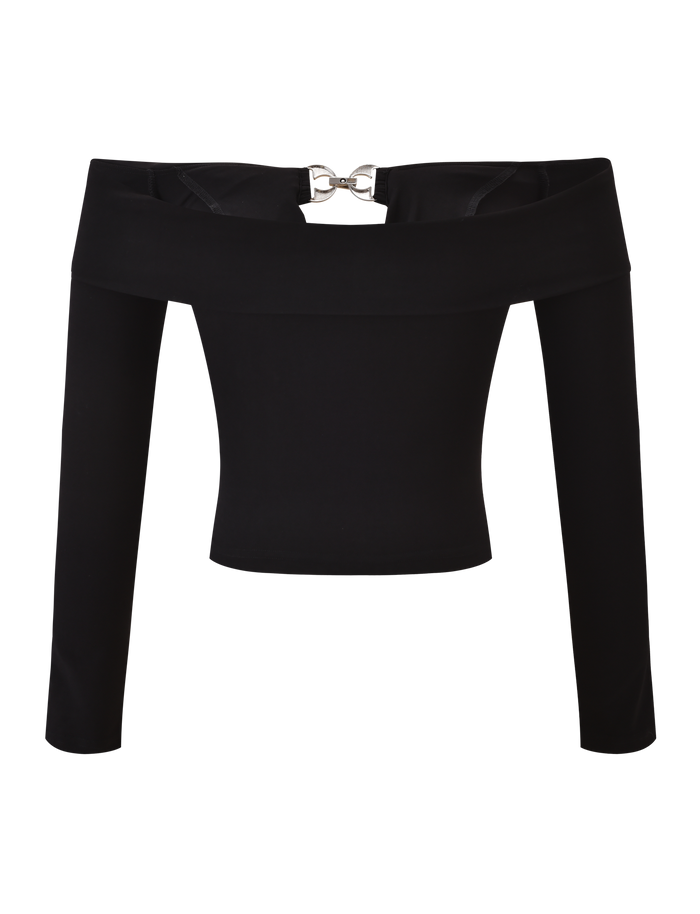 The JENESIS LONG SLEEVE TOP by TIGERMIST is a black, fitted off-the-shoulder crop with straight sleeves, a wide neckline, and a silver center clasp for an effortlessly chic style.