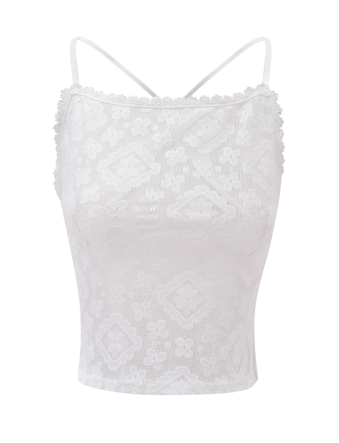 The JESIRA TOP - OFF WHITE by TIGERMIST is a white, sleeveless jacquard lace top with thin spaghetti straps, a delicate floral pattern, and scalloped trim, shown on a plain white background.