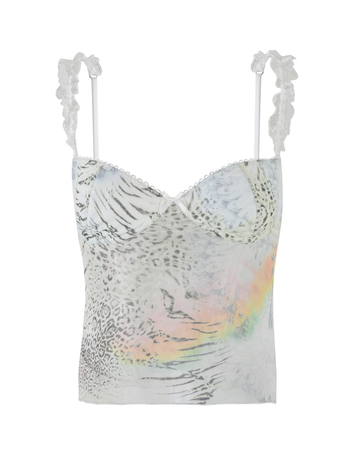 The JOSEPHINE TOP by TIGERMIST is a sleeveless, fitted white crop top with thin ruffled straps, subtle animal print, pastel rainbow sheen, and lace trim along the neckline.